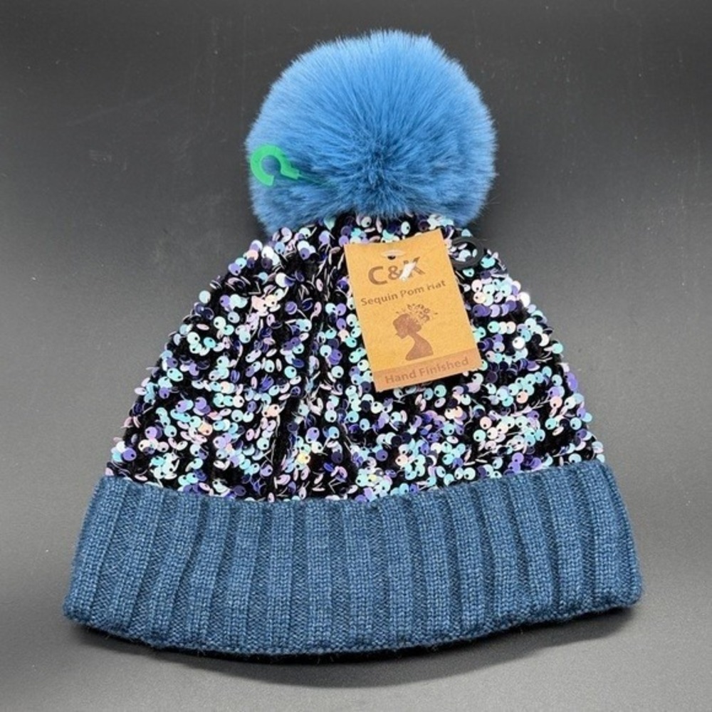 C&K Sequin Pom Hat Beanie Blue Faux Fur Pom Hand‎ Finished
